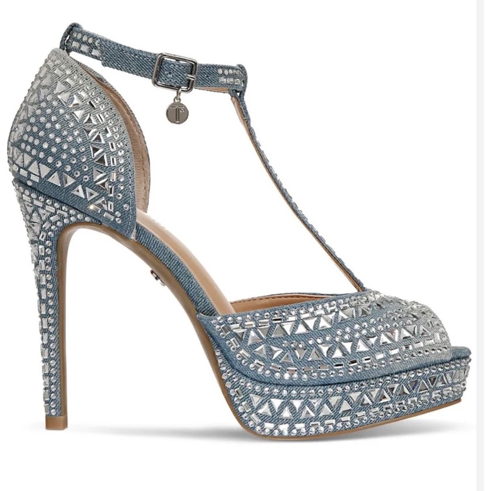 Thalia Sodi Chace Denim Rhinestone Platform Heels Blue T-Strap Peep Toe 6.5W